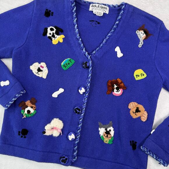 Vintage Jack B. Quick Blue Puppy Dog Applique V-Neck Cardigan Size Small - Picture 1 of 14